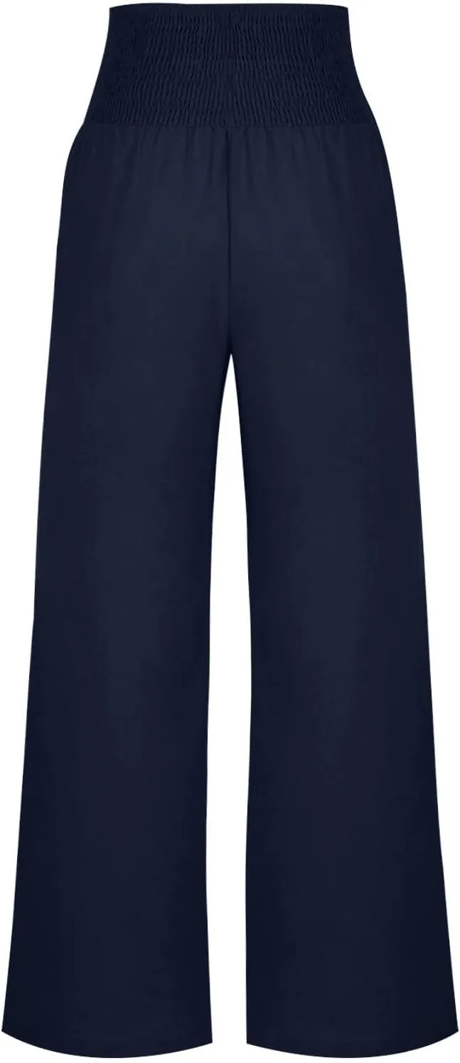 Cotton and Linen Pants for Womens High Waist Stretch Soft Pleated Trousers Summer Beach Lounge Pant with Pockets