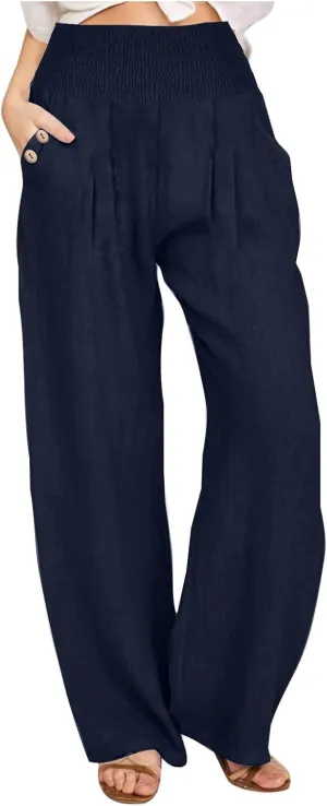 Cotton and Linen Pants for Womens High Waist Stretch Soft Pleated Trousers Summer Beach Lounge Pant with Pockets
