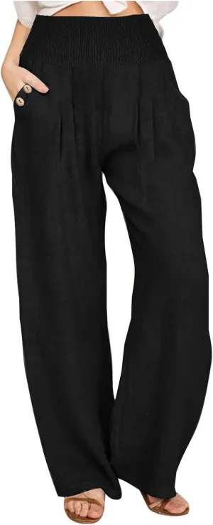 Cotton and Linen Pants for Womens High Waist Stretch Soft Pleated Trousers Summer Beach Lounge Pant with Pockets