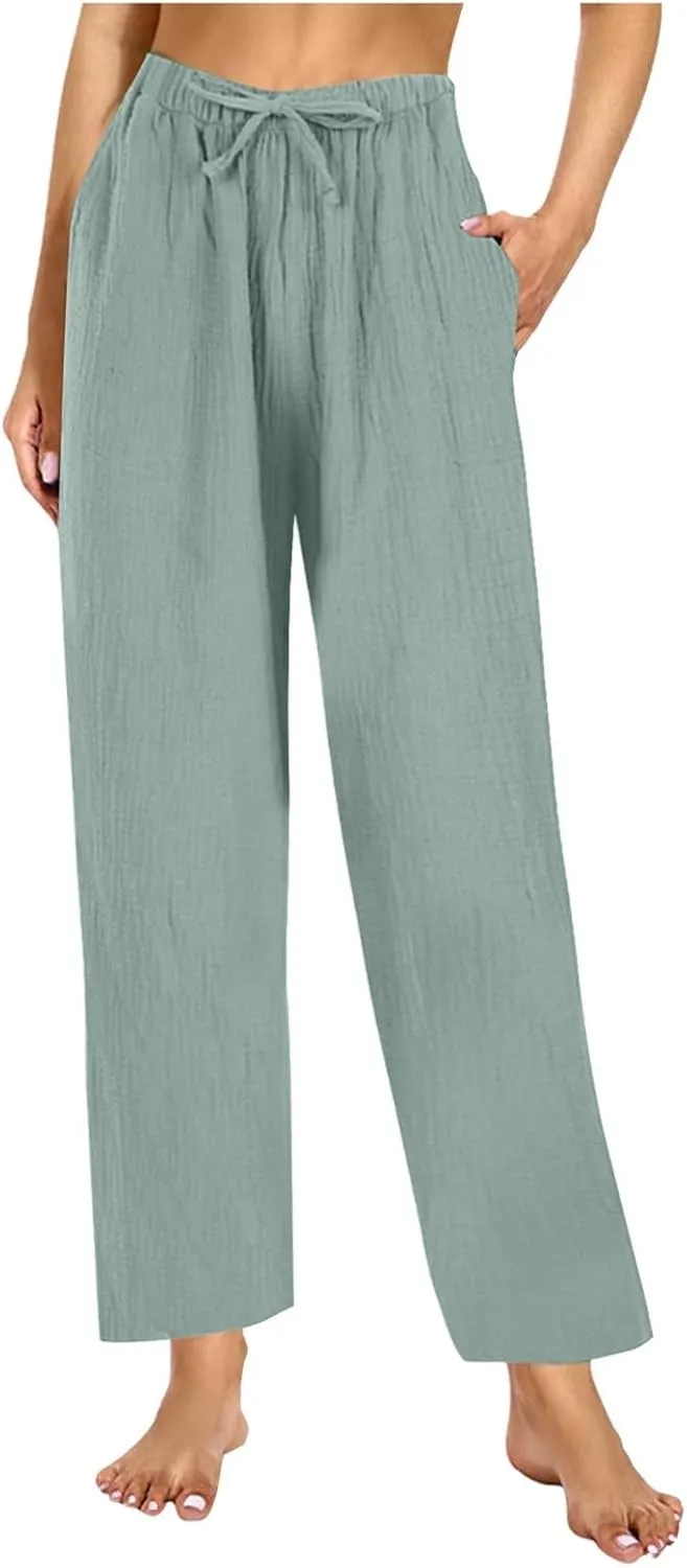 Cotton Linen Pants Women Casual Summer Pants Drawstring Wide Leg Pants with Pockets Soft Boho Petite Joggers Trendy Clothes