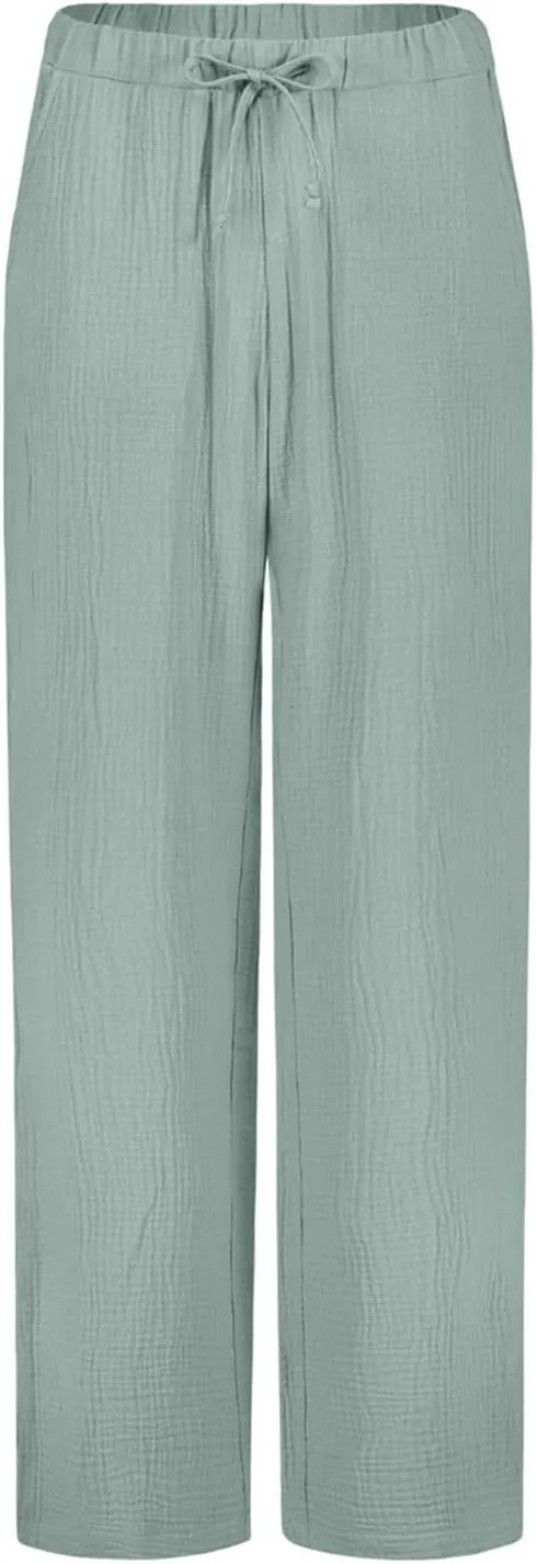 Cotton Linen Pants Women Casual Summer Pants Drawstring Wide Leg Pants with Pockets Soft Boho Petite Joggers Trendy Clothes