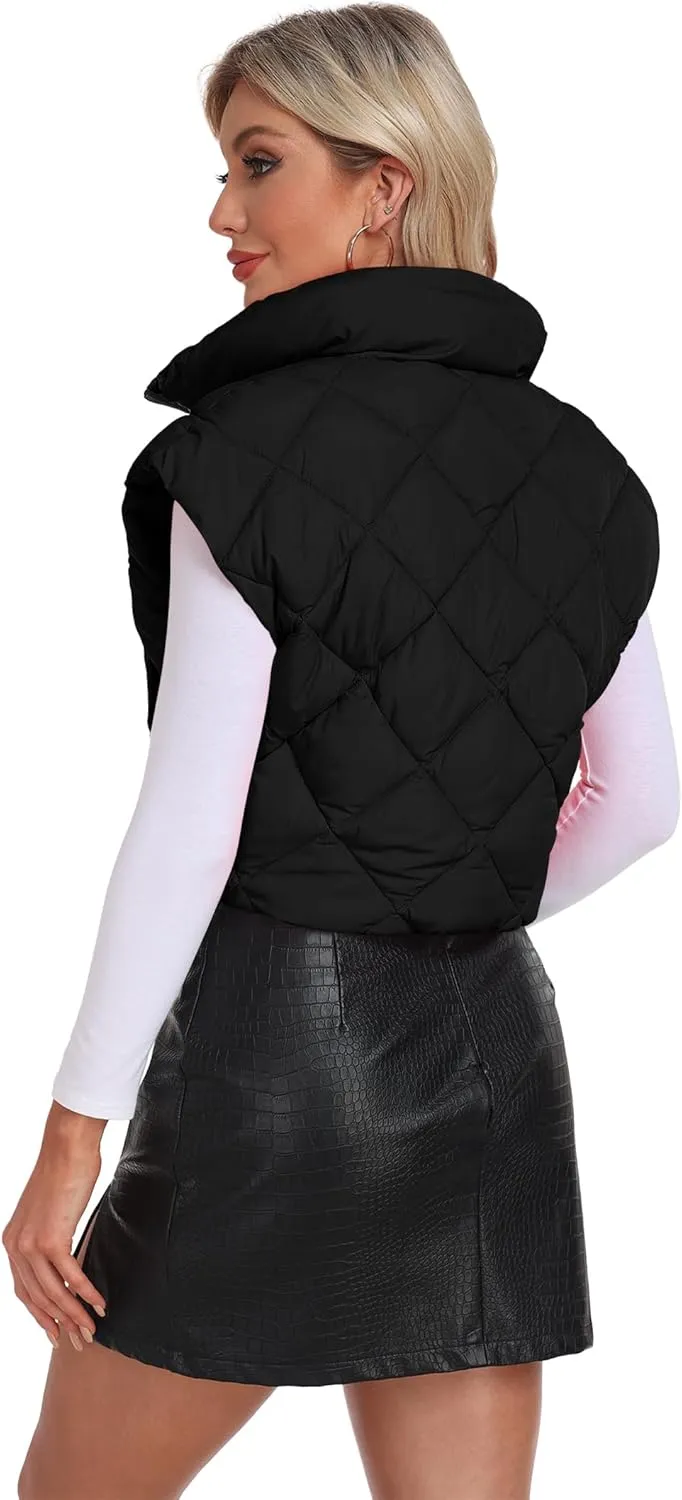 Cropped Puffer Vest Women Lightweight Sleeveless Bubble Short Puffer Vest Stand Collar Zip up Outerwear Winter HH24072