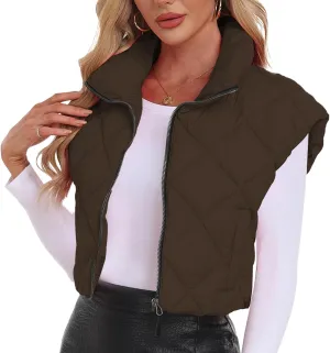 Cropped Puffer Vest Women Lightweight Sleeveless Bubble Short Puffer Vest Stand Collar Zip up Outerwear Winter HH24072