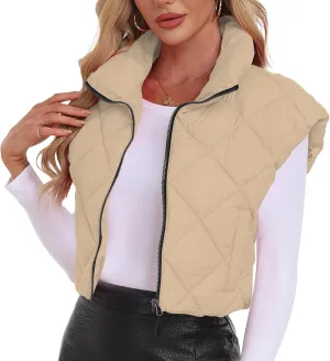 Cropped Puffer Vest Women Lightweight Sleeveless Bubble Short Puffer Vest Stand Collar Zip up Outerwear Winter HH24072