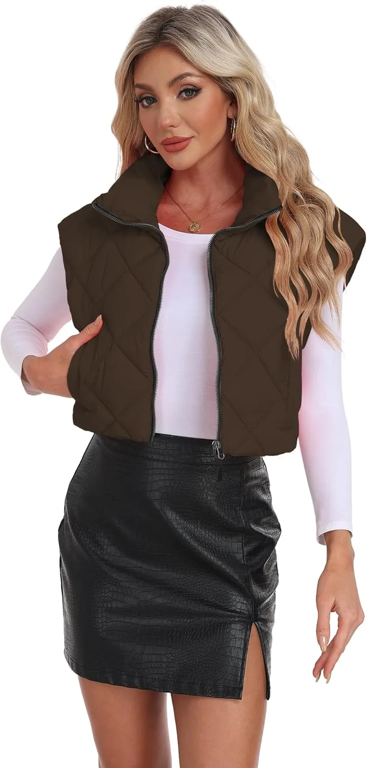 Cropped Puffer Vest Women Lightweight Sleeveless Bubble Short Puffer Vest Stand Collar Zip up Outerwear Winter HH24072