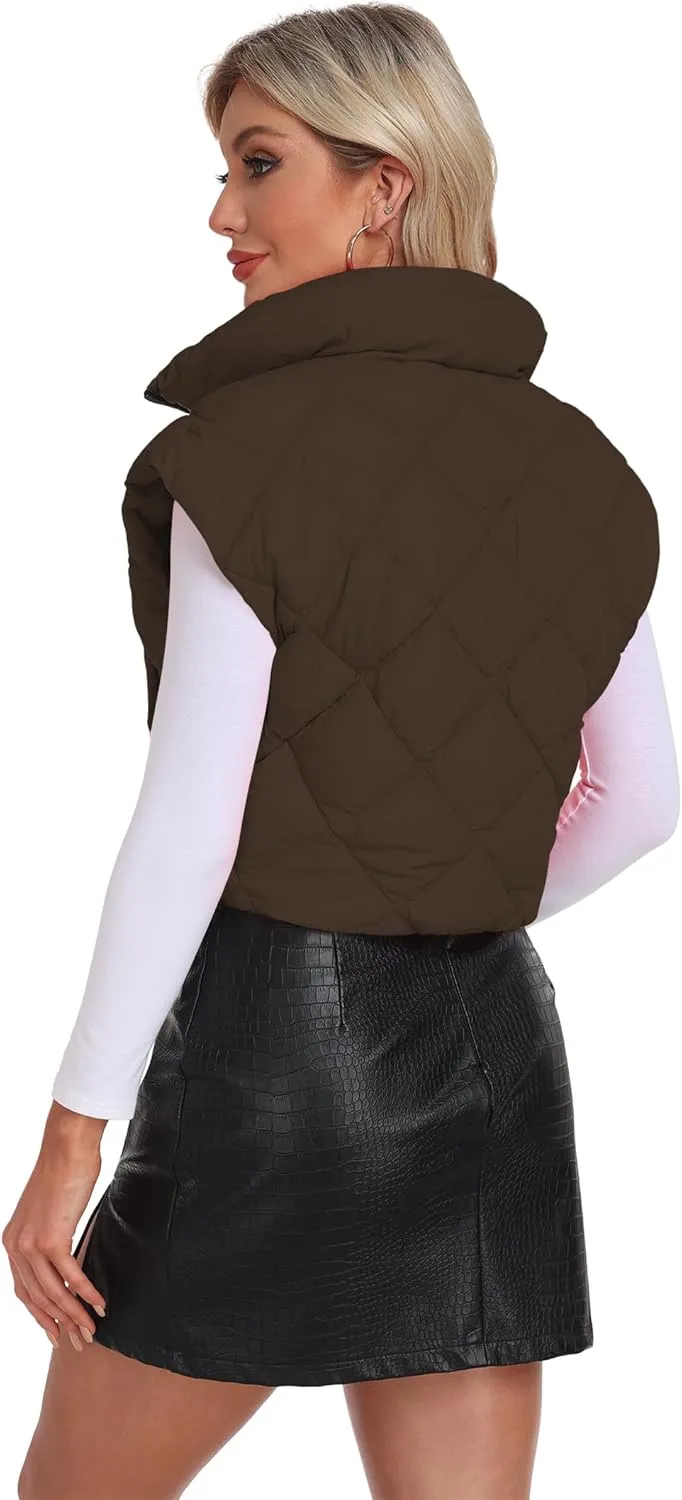 Cropped Puffer Vest Women Lightweight Sleeveless Bubble Short Puffer Vest Stand Collar Zip up Outerwear Winter HH24072
