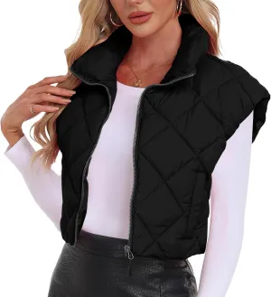 Cropped Puffer Vest Women Lightweight Sleeveless Bubble Short Puffer Vest Stand Collar Zip up Outerwear Winter HH24072