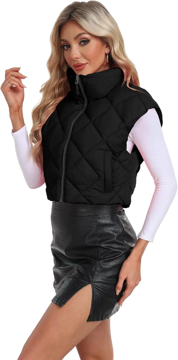 Cropped Puffer Vest Women Lightweight Sleeveless Bubble Short Puffer Vest Stand Collar Zip up Outerwear Winter HH24072