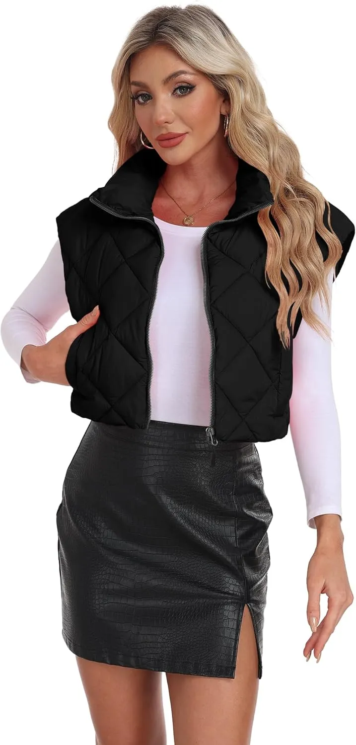 Cropped Puffer Vest Women Lightweight Sleeveless Bubble Short Puffer Vest Stand Collar Zip up Outerwear Winter HH24072