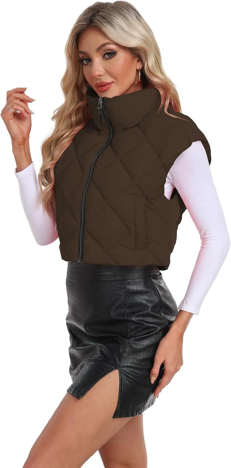 Cropped Puffer Vest Women Lightweight Sleeveless Bubble Short Puffer Vest Stand Collar Zip up Outerwear Winter HH24072