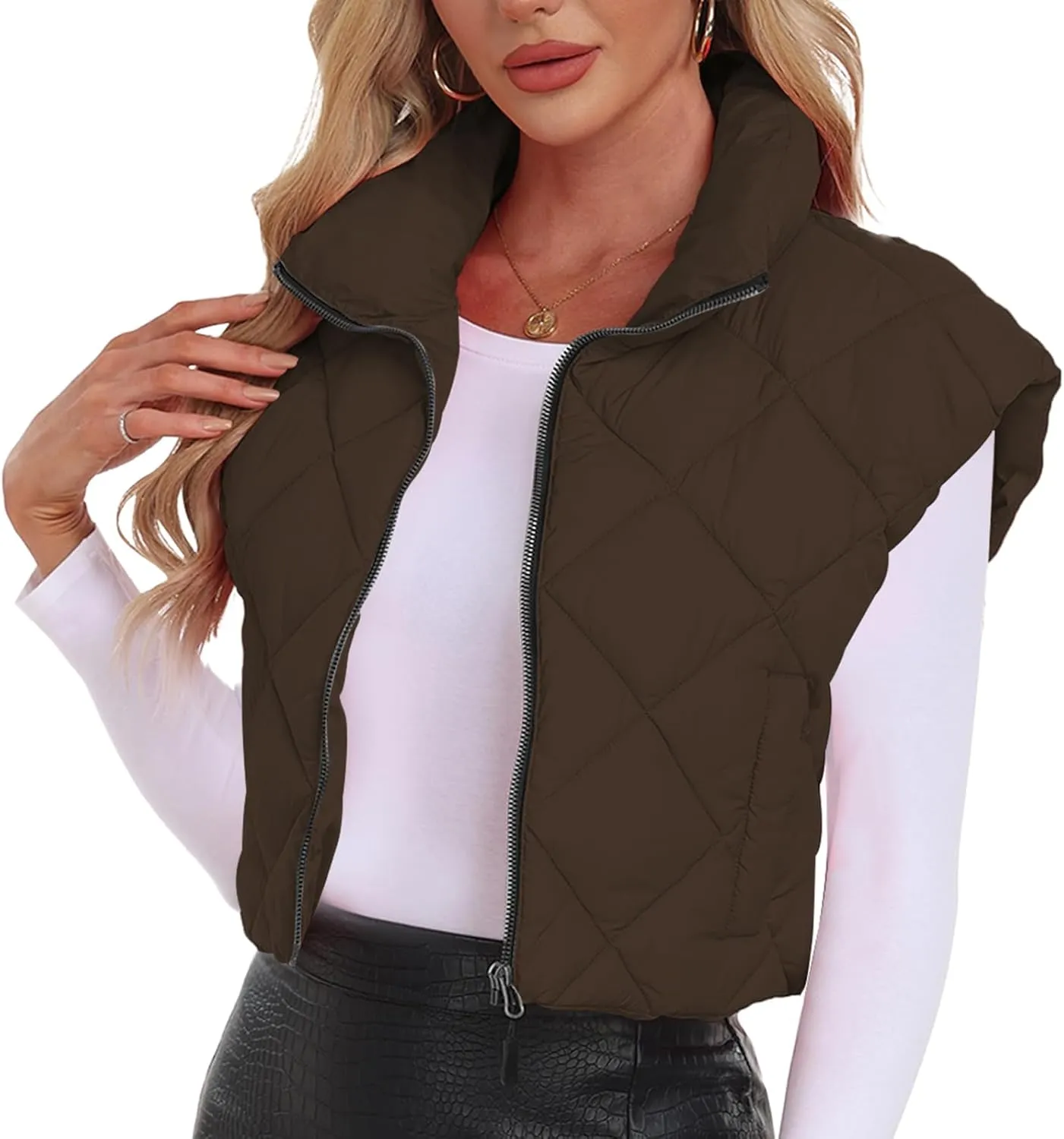 Cropped Puffer Vest Women Lightweight Sleeveless Bubble Short Puffer Vest Stand Collar Zip up Outerwear Winter HH24072