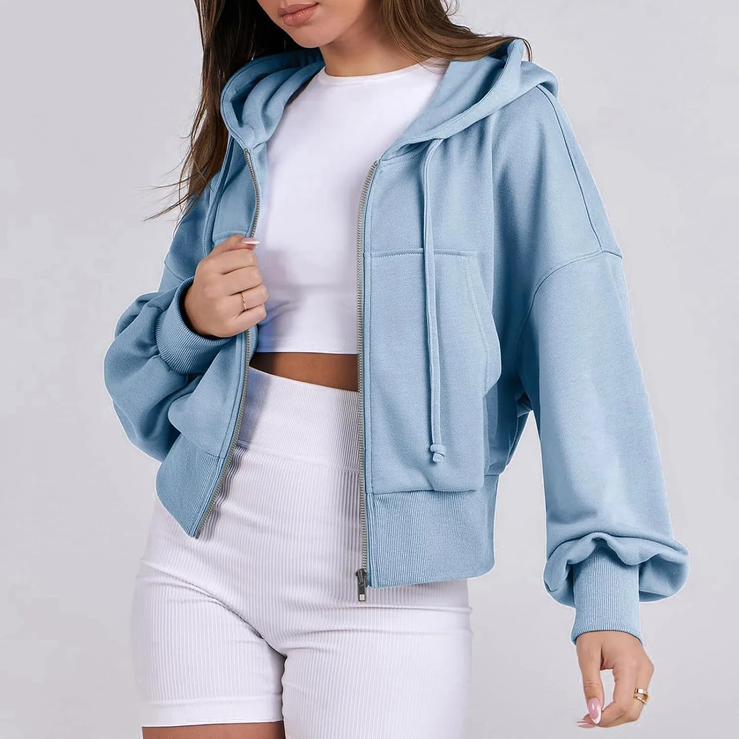 Cropped Zip Up Hoodie Women 2024 Trendy Fleece Crop Jacket Preppy Hooded Sweatshirt Y2k Cute Hoodies for Teen Girls