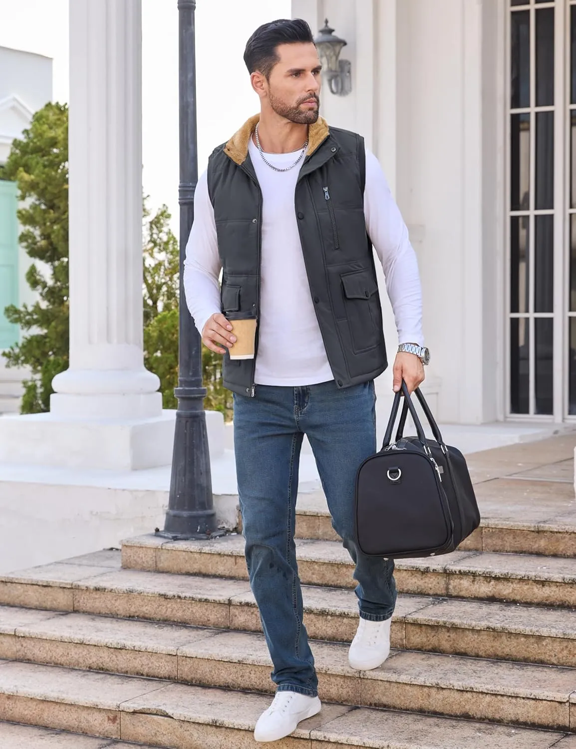 CRYSULLY Men's Winter Outerwear Vests Fleece Lined Sleeveless Jackets Warm Quilted Puffer Vest Casual Sherpa Outdoor Vest