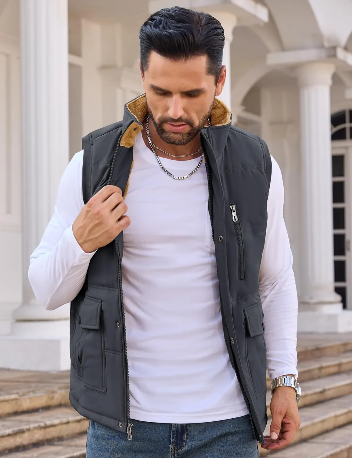 CRYSULLY Men's Winter Outerwear Vests Fleece Lined Sleeveless Jackets Warm Quilted Puffer Vest Casual Sherpa Outdoor Vest