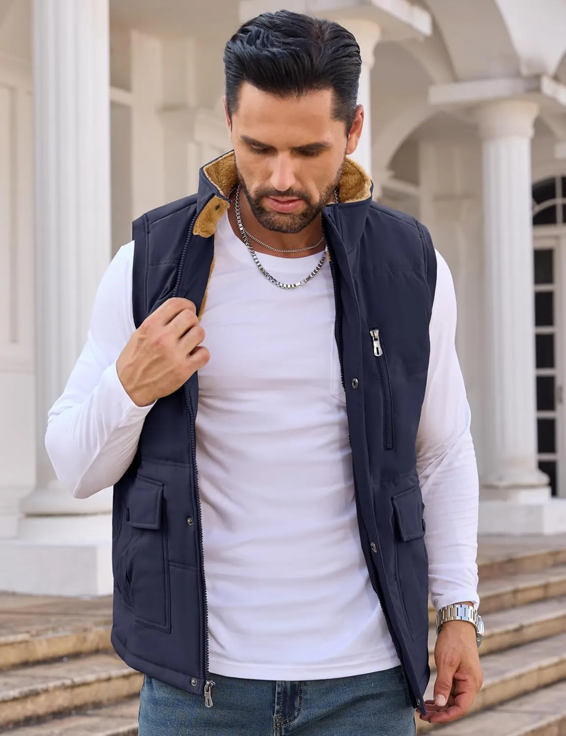 CRYSULLY Men's Winter Outerwear Vests Fleece Lined Sleeveless Jackets Warm Quilted Puffer Vest Casual Sherpa Outdoor Vest
