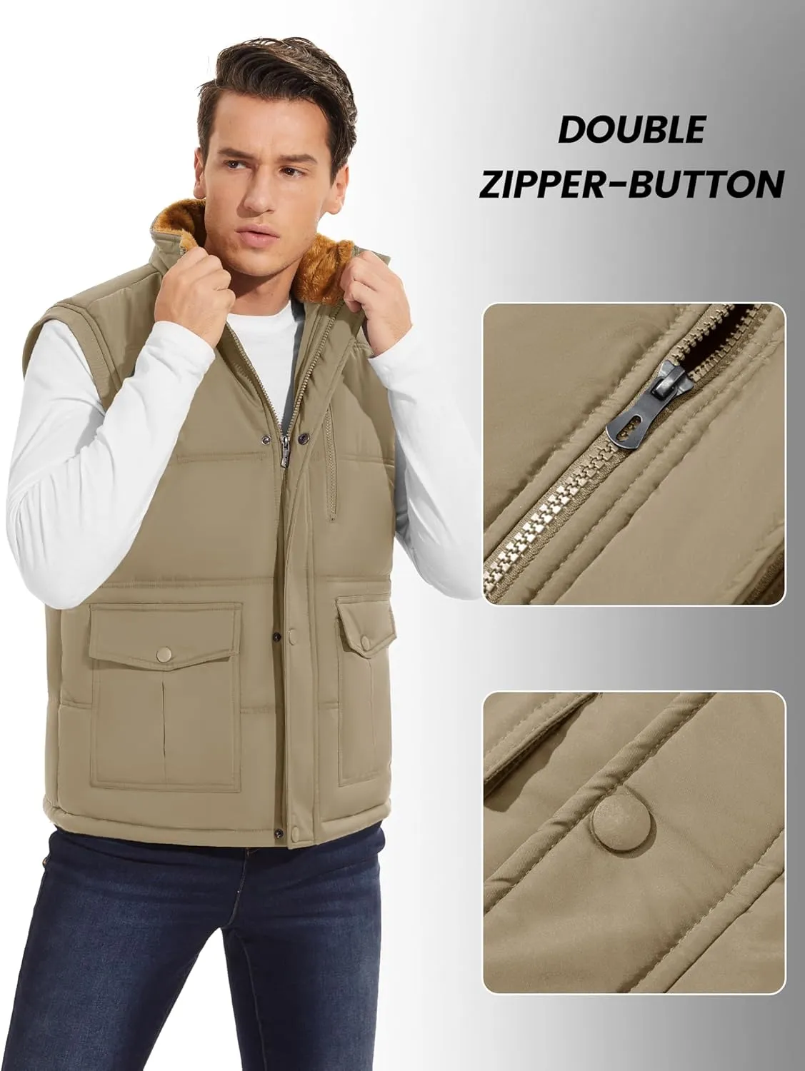 CRYSULLY Men's Winter Outerwear Vests Fleece Lined Sleeveless Jackets Warm Quilted Puffer Vest Casual Sherpa Outdoor Vest