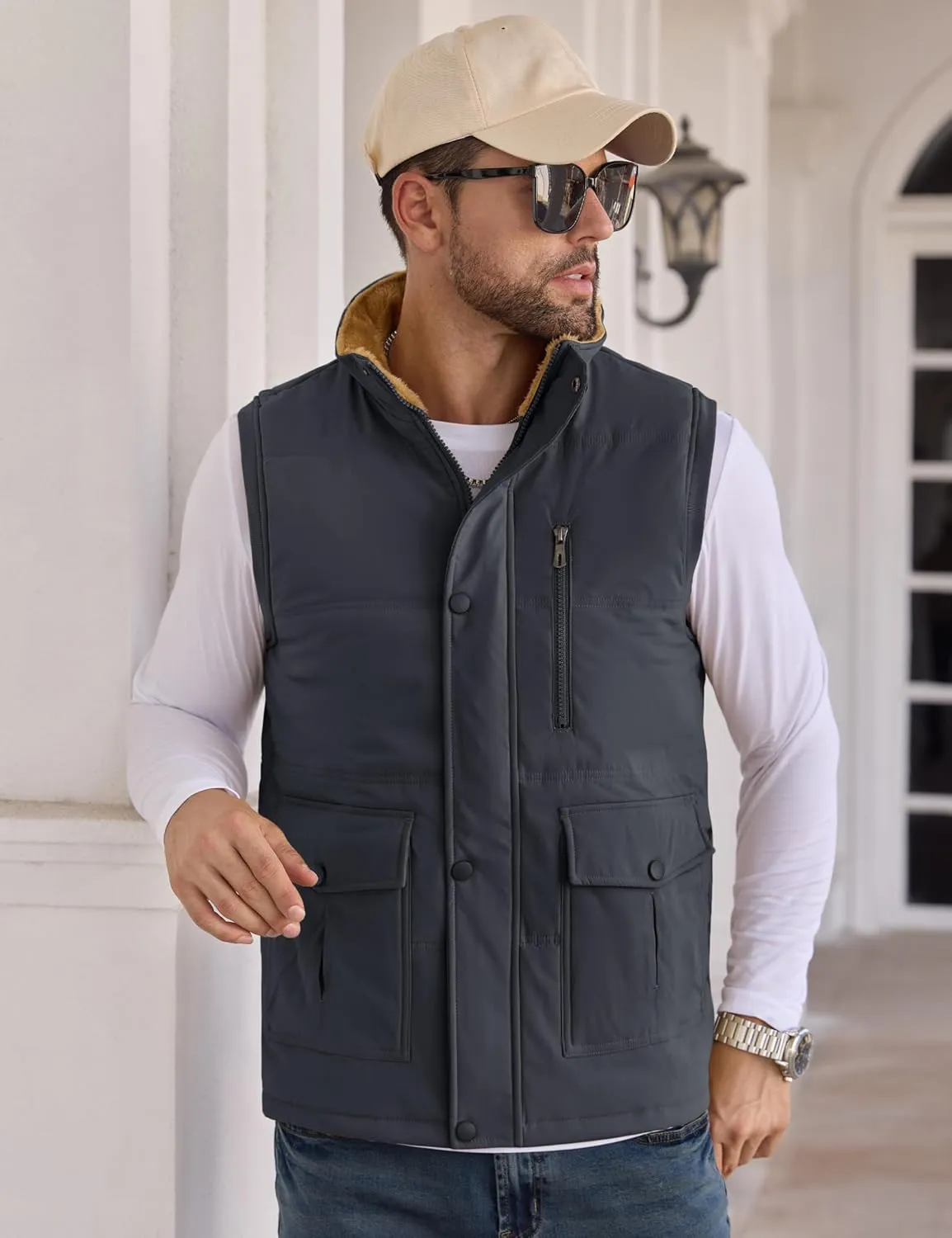 CRYSULLY Men's Winter Outerwear Vests Fleece Lined Sleeveless Jackets Warm Quilted Puffer Vest Casual Sherpa Outdoor Vest