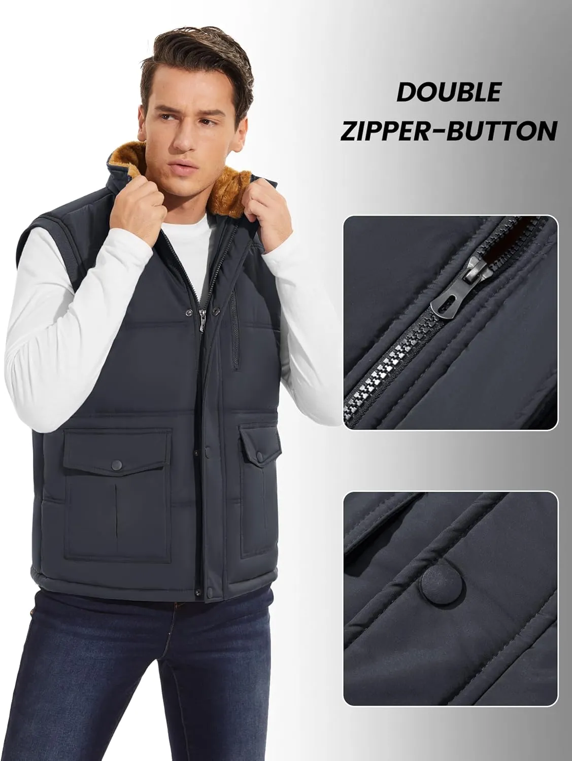 CRYSULLY Men's Winter Outerwear Vests Fleece Lined Sleeveless Jackets Warm Quilted Puffer Vest Casual Sherpa Outdoor Vest