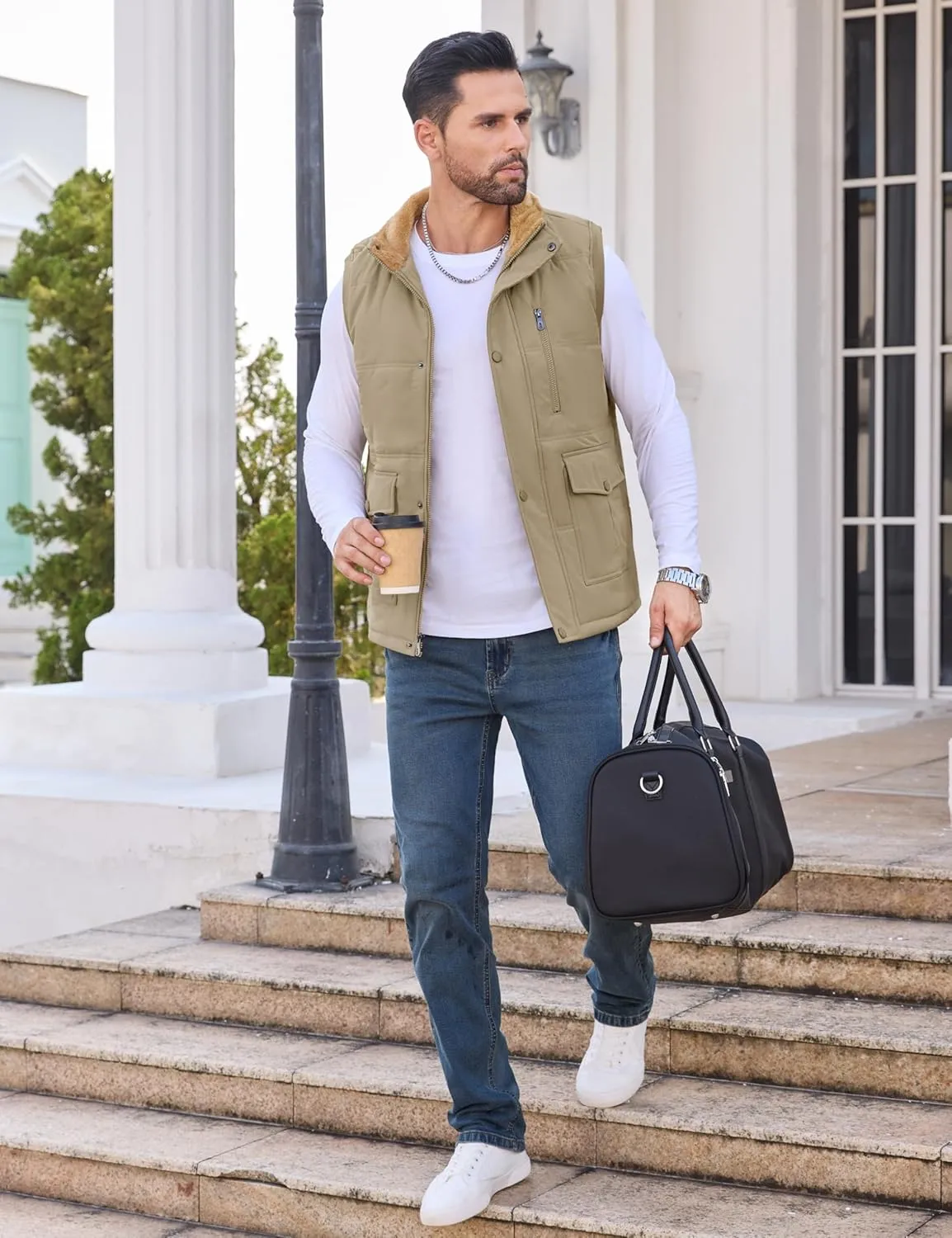 CRYSULLY Men's Winter Outerwear Vests Fleece Lined Sleeveless Jackets Warm Quilted Puffer Vest Casual Sherpa Outdoor Vest
