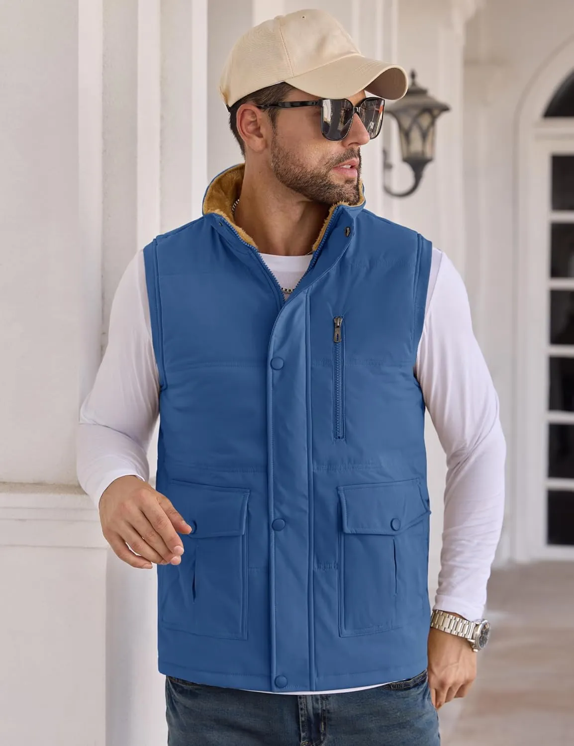 CRYSULLY Men's Winter Outerwear Vests Fleece Lined Sleeveless Jackets Warm Quilted Puffer Vest Casual Sherpa Outdoor Vest