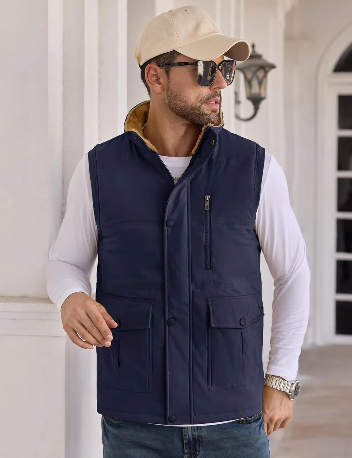 CRYSULLY Men's Winter Outerwear Vests Fleece Lined Sleeveless Jackets Warm Quilted Puffer Vest Casual Sherpa Outdoor Vest