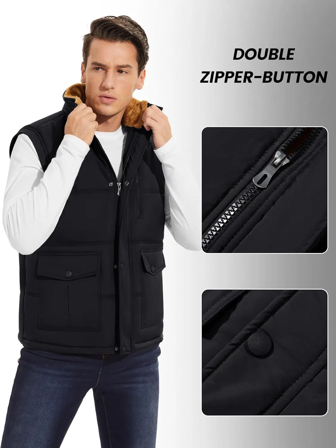 CRYSULLY Men's Winter Outerwear Vests Fleece Lined Sleeveless Jackets Warm Quilted Puffer Vest Casual Sherpa Outdoor Vest