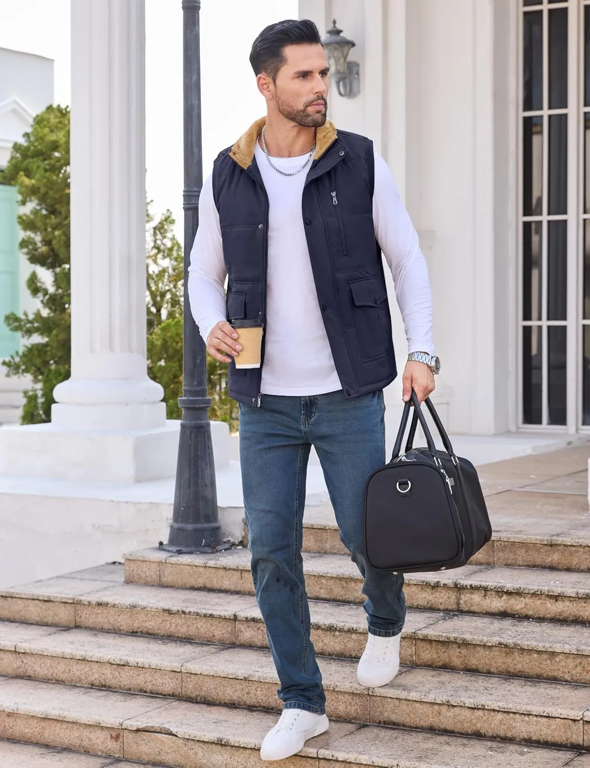 CRYSULLY Men's Winter Outerwear Vests Fleece Lined Sleeveless Jackets Warm Quilted Puffer Vest Casual Sherpa Outdoor Vest