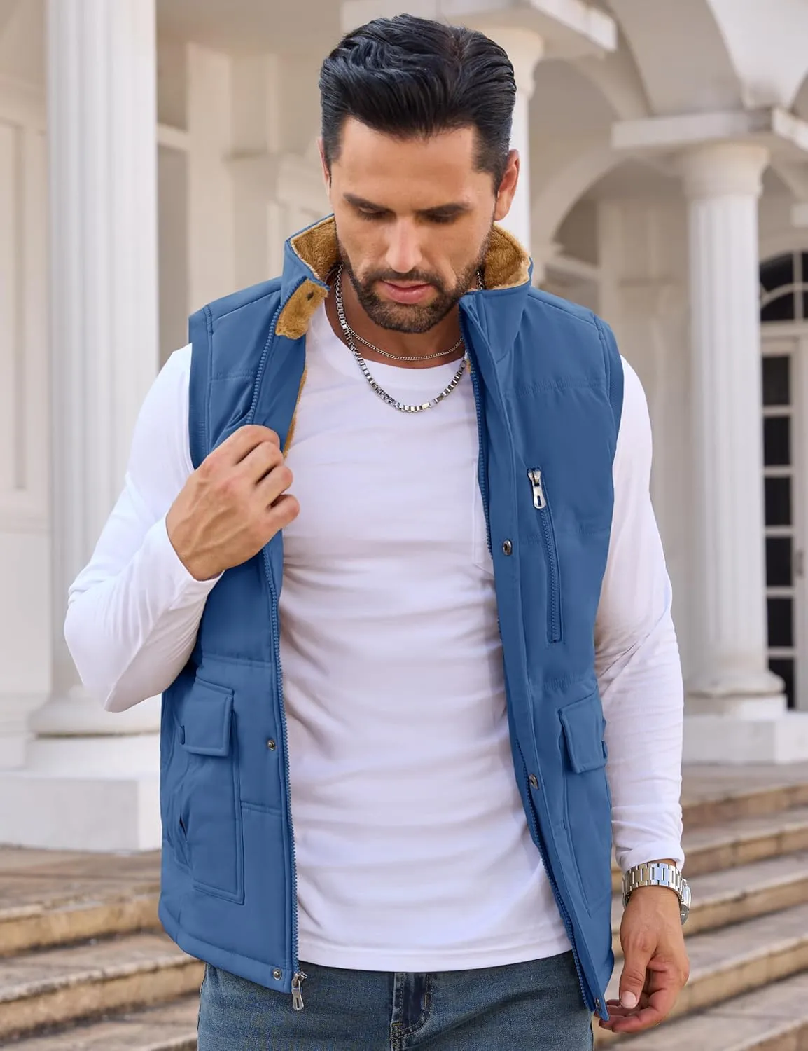 CRYSULLY Men's Winter Outerwear Vests Fleece Lined Sleeveless Jackets Warm Quilted Puffer Vest Casual Sherpa Outdoor Vest