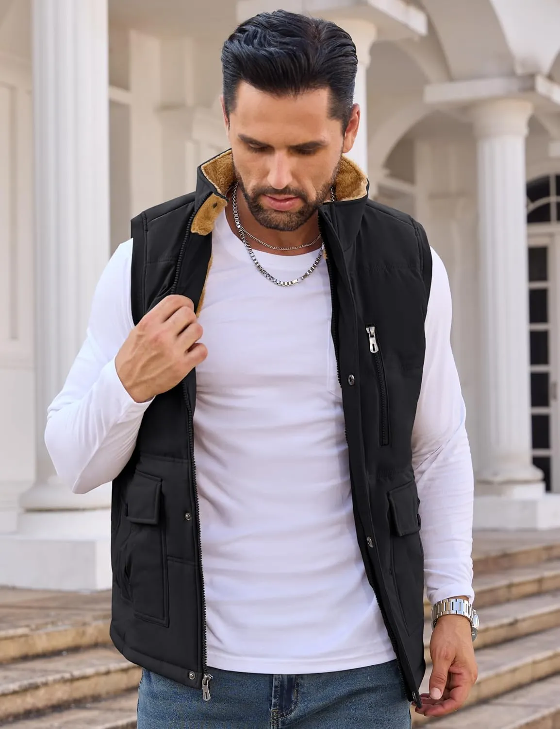 CRYSULLY Men's Winter Outerwear Vests Fleece Lined Sleeveless Jackets Warm Quilted Puffer Vest Casual Sherpa Outdoor Vest