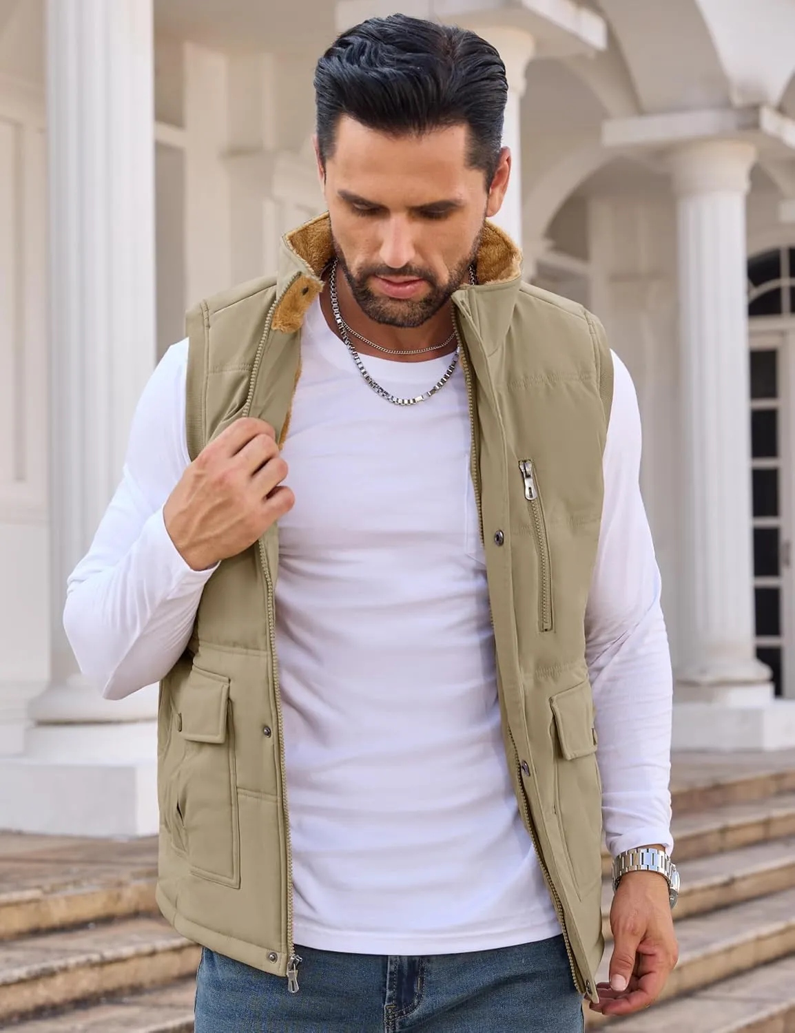 CRYSULLY Men's Winter Outerwear Vests Fleece Lined Sleeveless Jackets Warm Quilted Puffer Vest Casual Sherpa Outdoor Vest