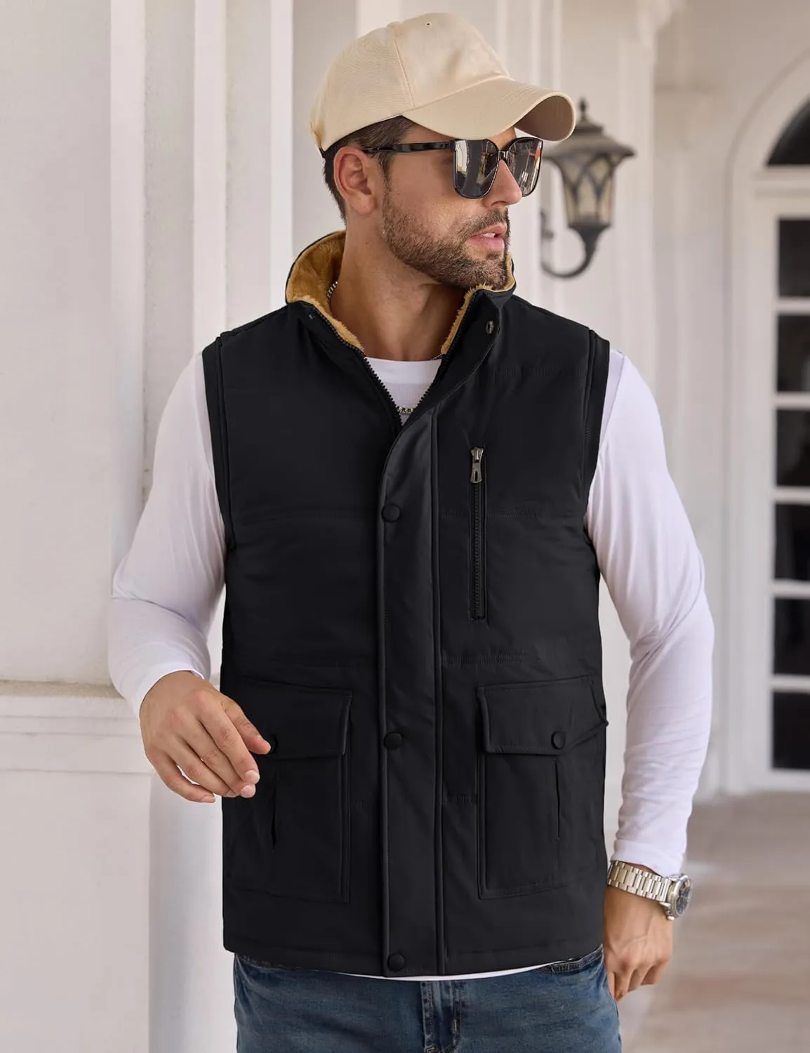 CRYSULLY Men's Winter Outerwear Vests Fleece Lined Sleeveless Jackets Warm Quilted Puffer Vest Casual Sherpa Outdoor Vest