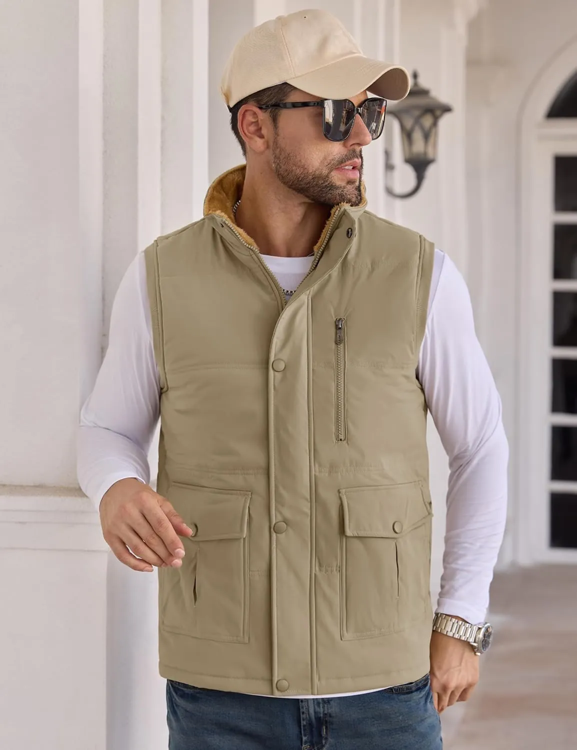 CRYSULLY Men's Winter Outerwear Vests Fleece Lined Sleeveless Jackets Warm Quilted Puffer Vest Casual Sherpa Outdoor Vest