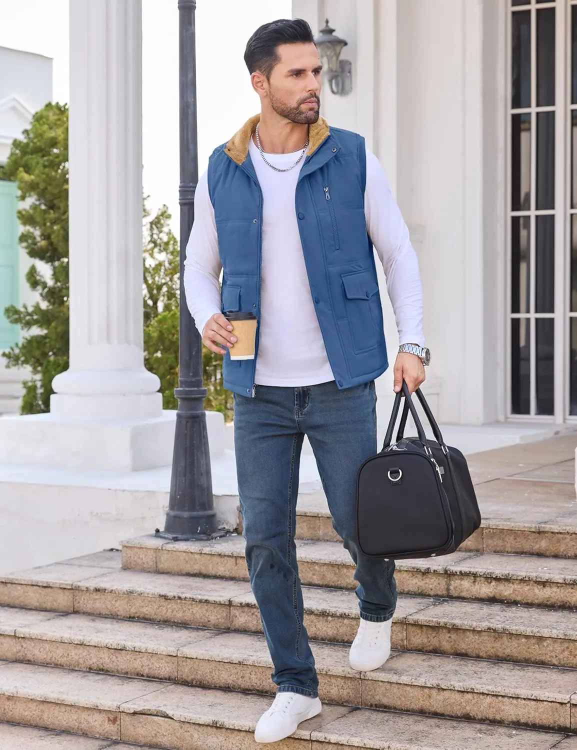 CRYSULLY Men's Winter Outerwear Vests Fleece Lined Sleeveless Jackets Warm Quilted Puffer Vest Casual Sherpa Outdoor Vest