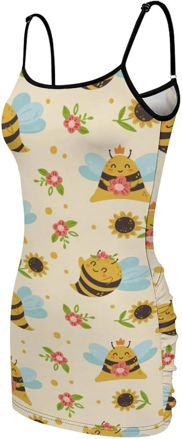 Cute Bee and Sunflower Pattern Women's Sling Dress Sleeveless Mini Dress Camisole Bodycon Dresss