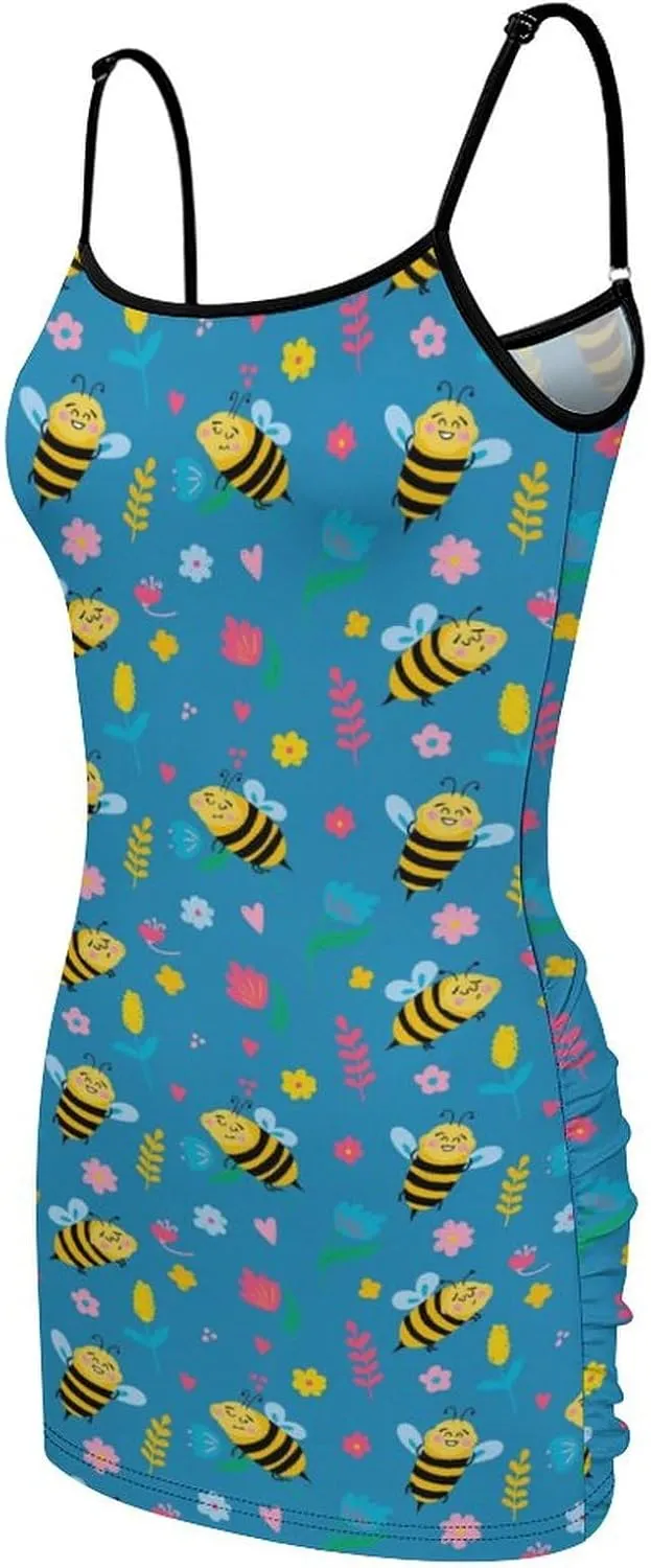Cute Bee and Sunflower Pattern Women's Sling Dress Sleeveless Mini Dress Camisole Bodycon Dresss
