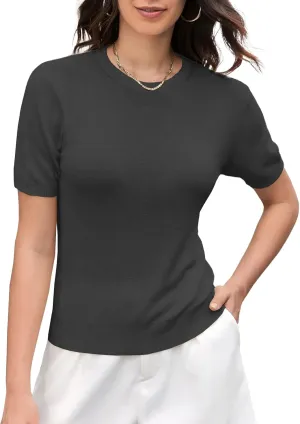 DAIMIDY Women's Short Sleeve Crew Neck Sweaters Lightweight Summer Sweater Casual Knit Pullover Tops