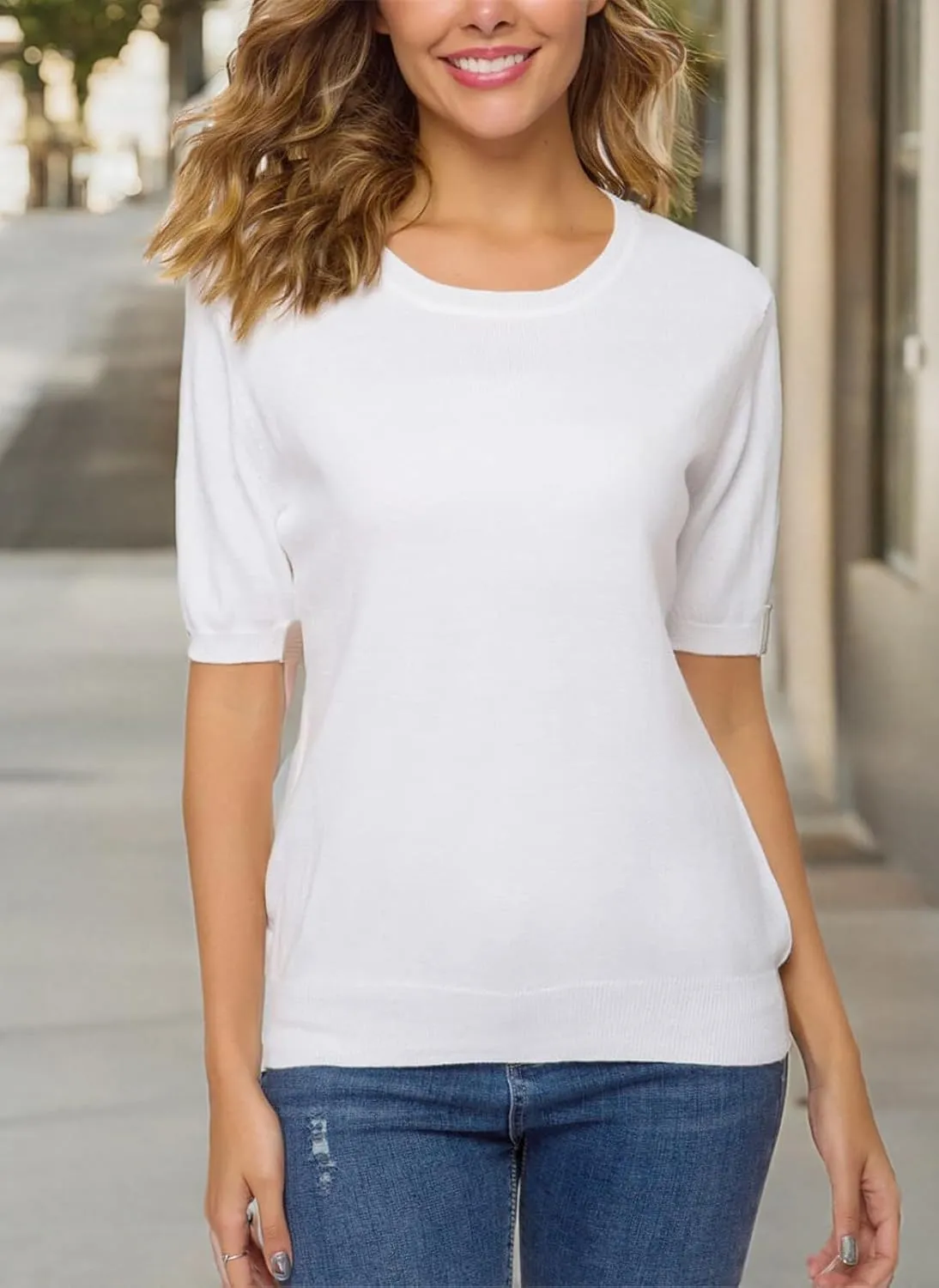 DAIMIDY Women's Short Sleeve Crew Neck Sweaters Lightweight Summer Sweater Casual Knit Pullover Tops