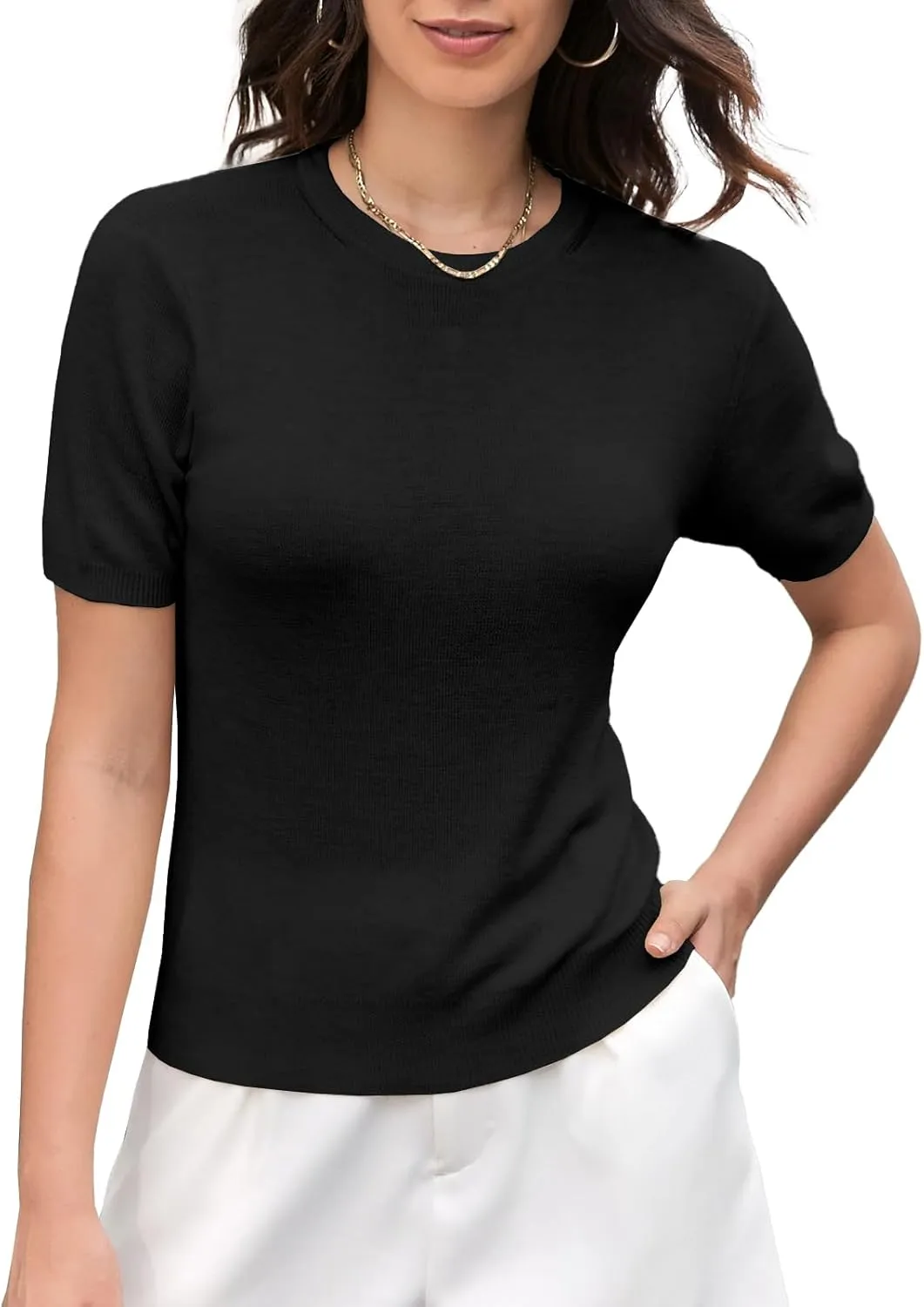 DAIMIDY Women's Short Sleeve Crew Neck Sweaters Lightweight Summer Sweater Casual Knit Pullover Tops