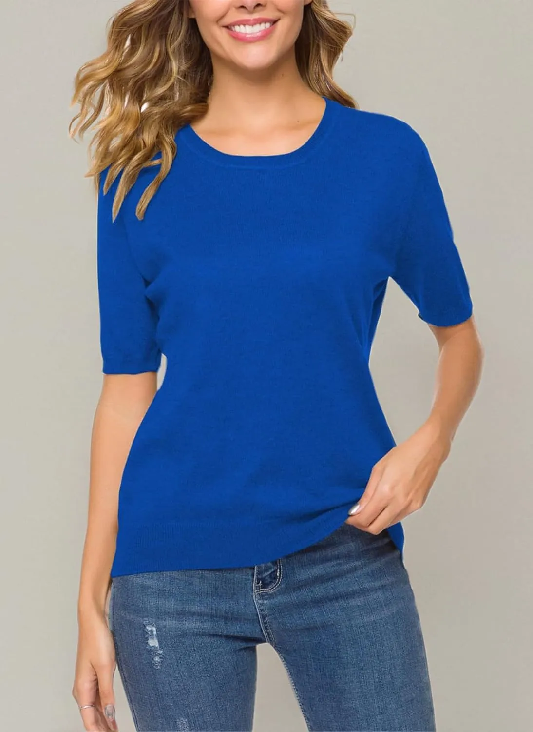 DAIMIDY Women's Short Sleeve Crew Neck Sweaters Lightweight Summer Sweater Casual Knit Pullover Tops