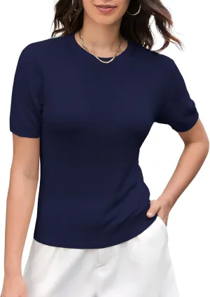 DAIMIDY Women's Short Sleeve Crew Neck Sweaters Lightweight Summer Sweater Casual Knit Pullover Tops