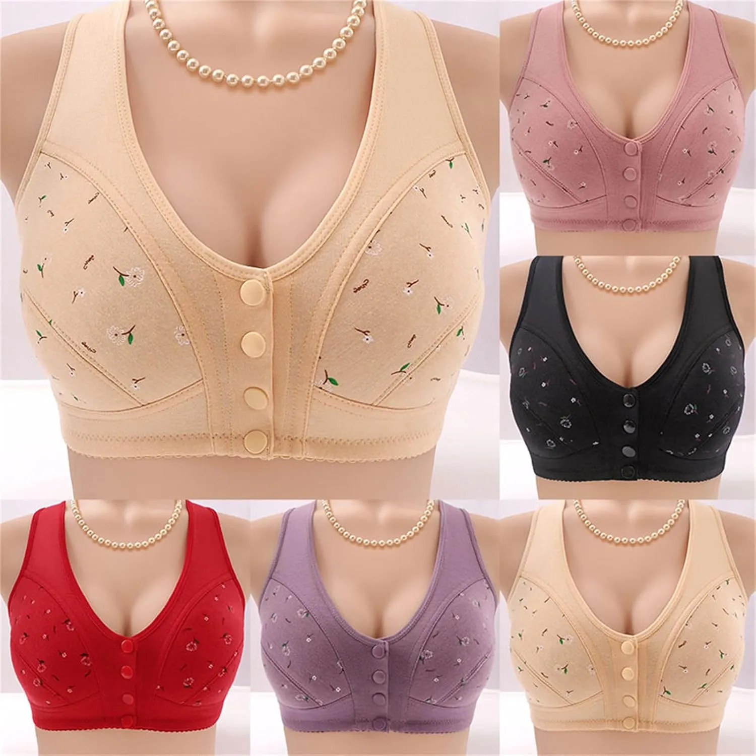 Daisy Bras for Older Women Front Closure Convenient Everyday Bras Mid Buttons Comfortable No Underwire Gathering Bras