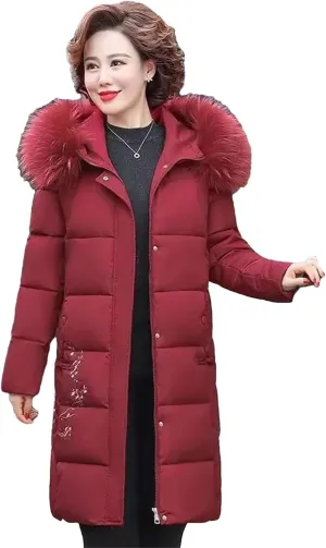 Dcvmvmn Women's Down Jacket Mid-Length Cotton Parka Coat Hooded Short Padded Puffer Overcoat Burgundy