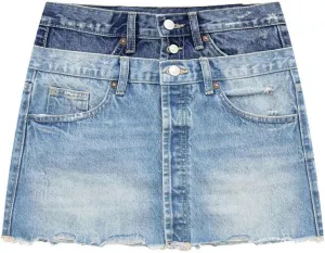 Denim Short Skirt, Elegant Women's Skirt, Summer high-Waisted Splicing Skirt-Denim Blue-S