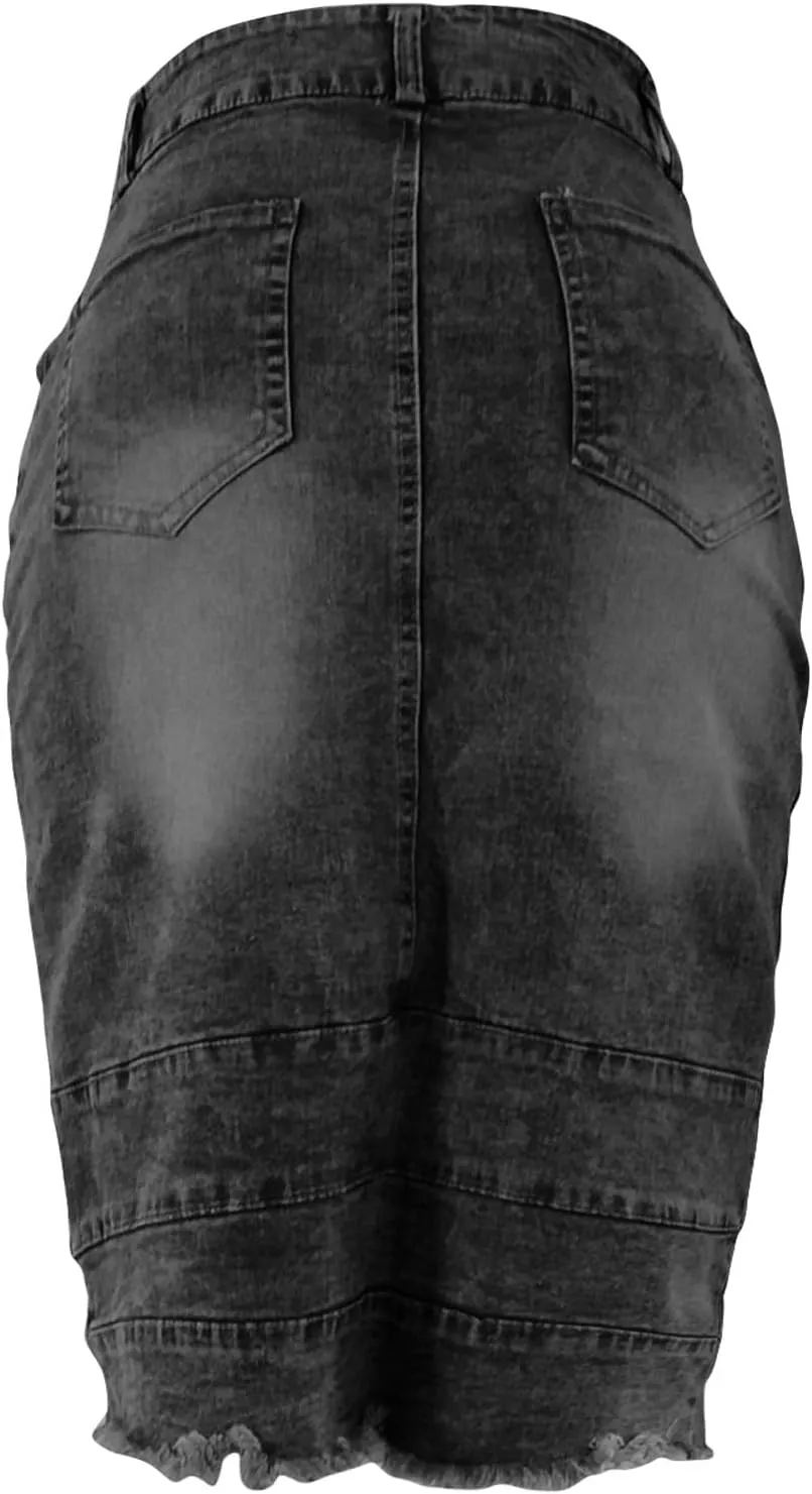 Denim Skirt for Women Casual A-Line Denim Midi Skirts Stretch High Waisted Split Jean Skirt with Pockets Plus Size