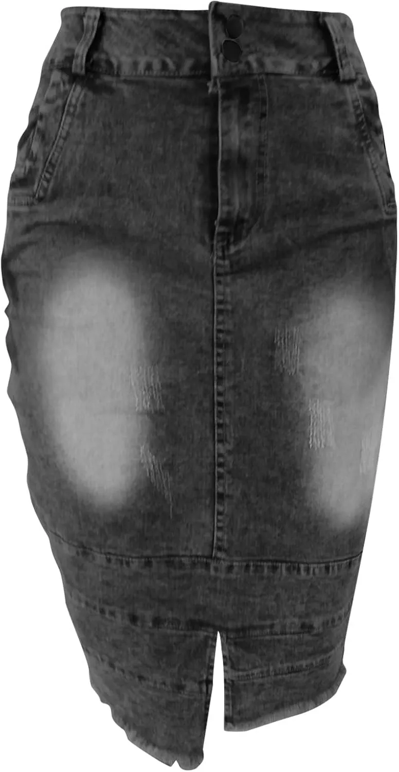Denim Skirt for Women Casual A-Line Denim Midi Skirts Stretch High Waisted Split Jean Skirt with Pockets Plus Size