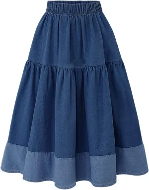 Denim Vintage Maxi Skirt Women Stretchy Waist Casual Denim Skirt with Tassle Hem Double Split Skirts