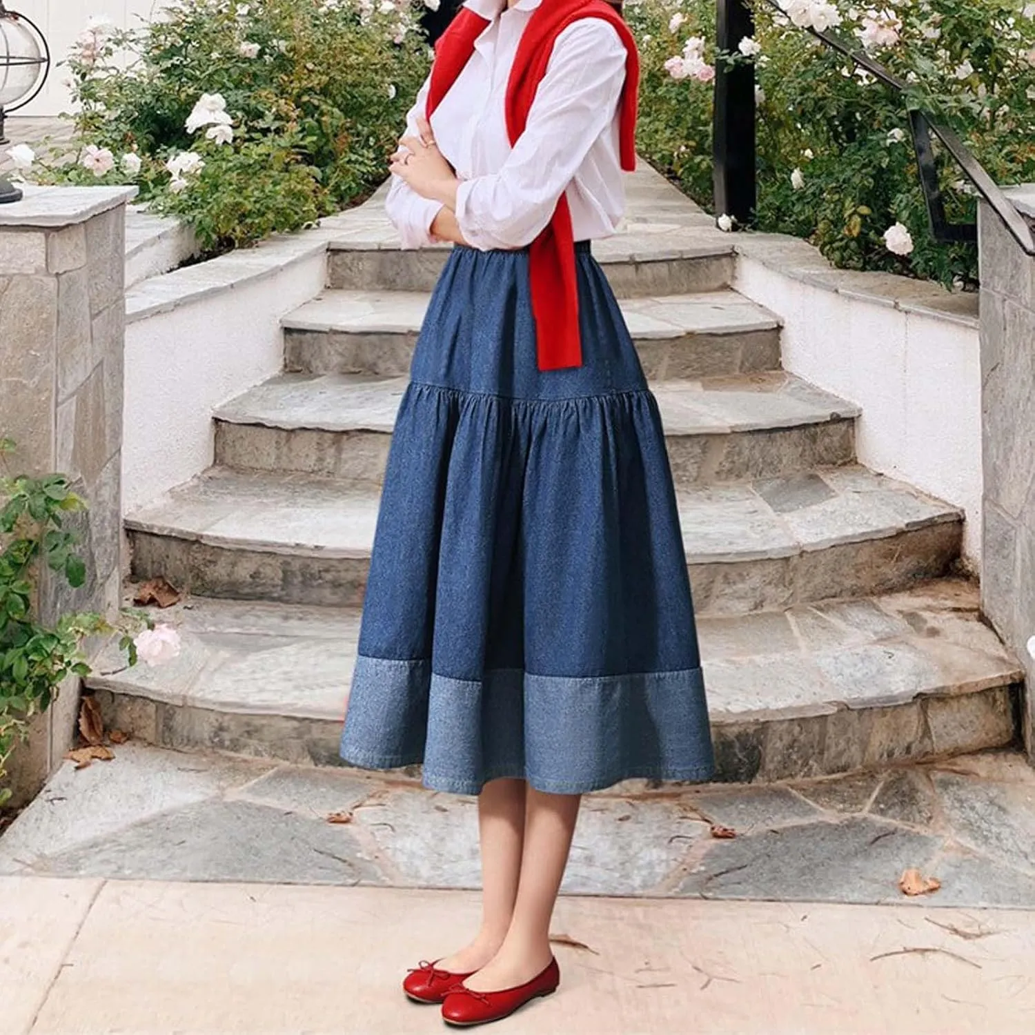 Denim Vintage Maxi Skirt Women Stretchy Waist Casual Denim Skirt with Tassle Hem Double Split Skirts