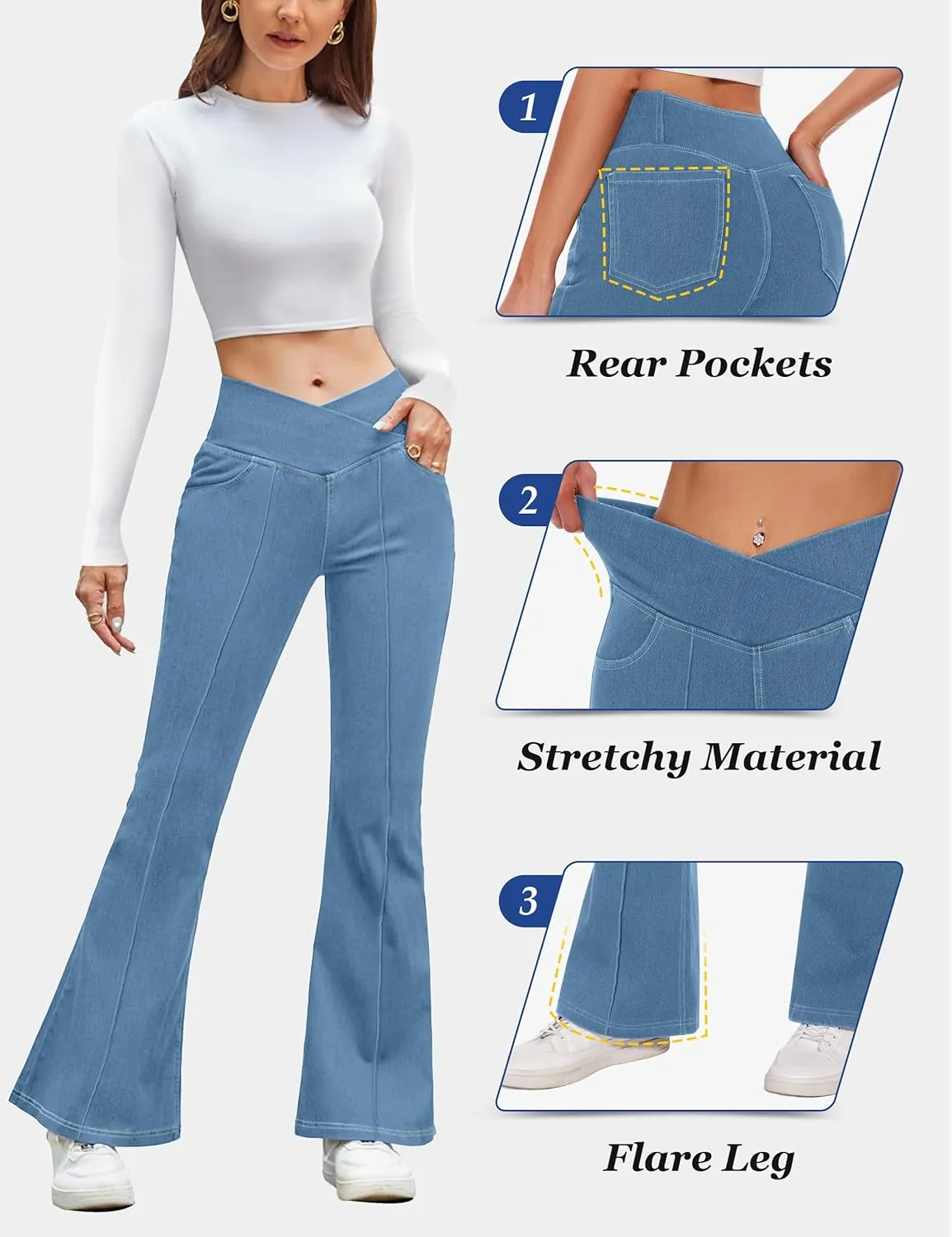 Desol Flare Jeans for Women High Cross Waisted Seamed Front Bell Bottom Denim Pants Tummy Control Trouser Jeans with Pockets