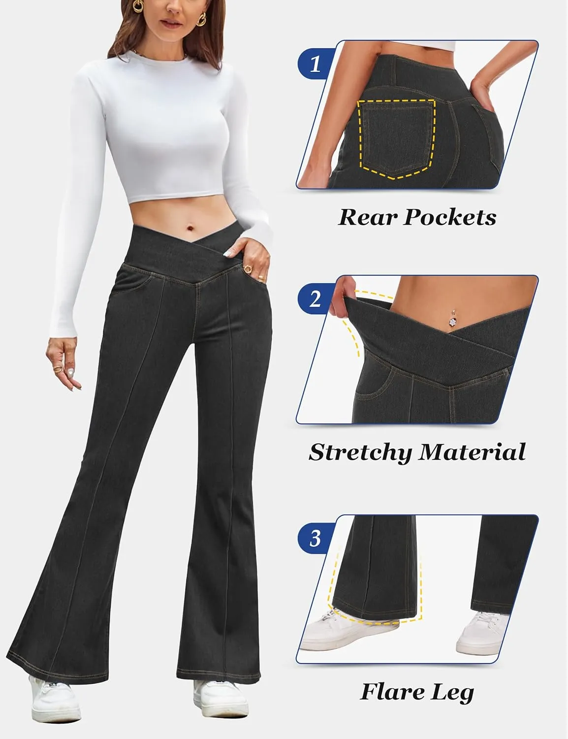Desol Flare Jeans for Women High Cross Waisted Seamed Front Bell Bottom Denim Pants Tummy Control Trouser Jeans with Pockets