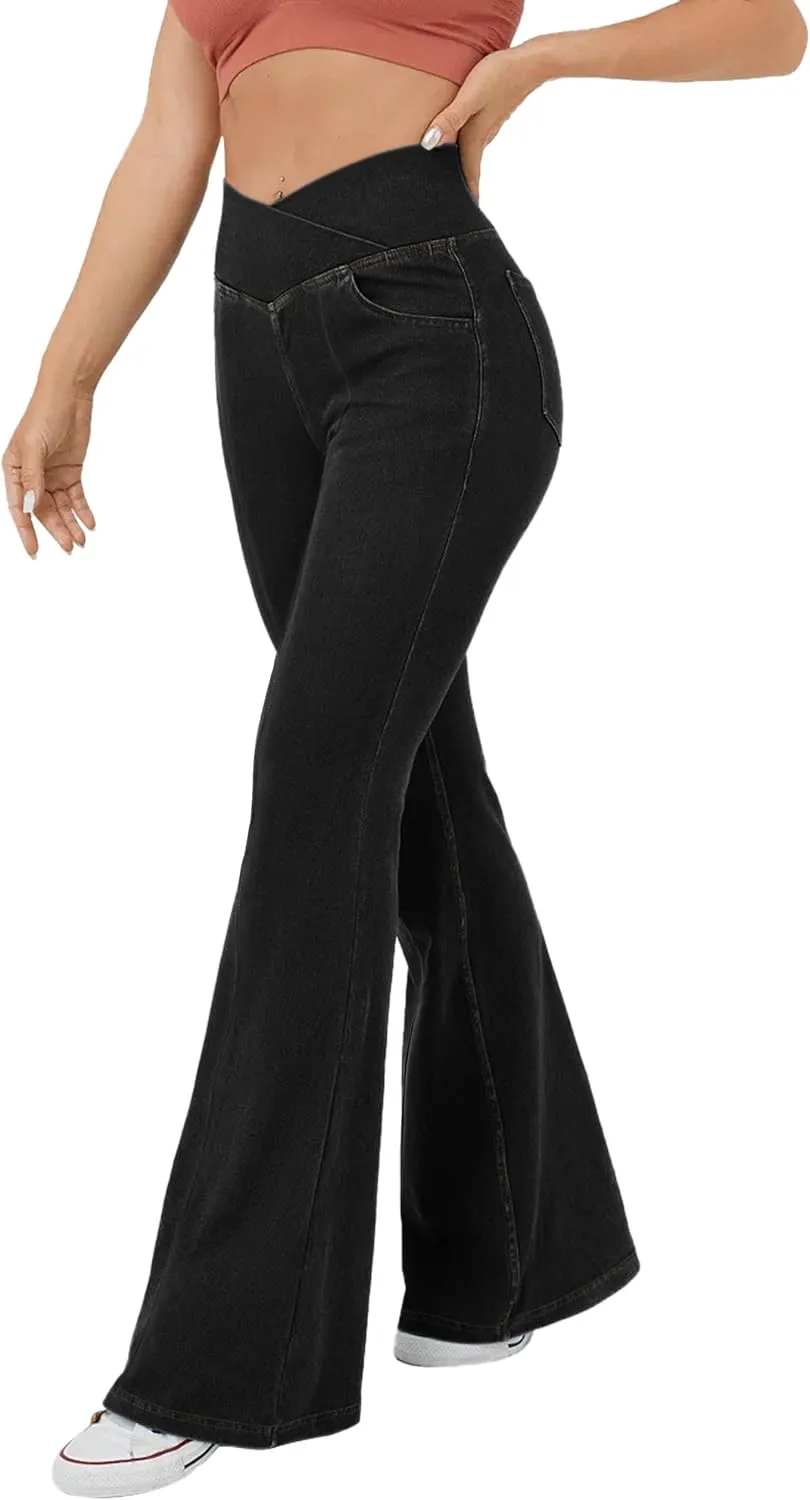 Desol Flare Jeans for Women High Cross Waisted Seamed Front Bell Bottom Denim Pants Tummy Control Trouser Jeans with Pockets